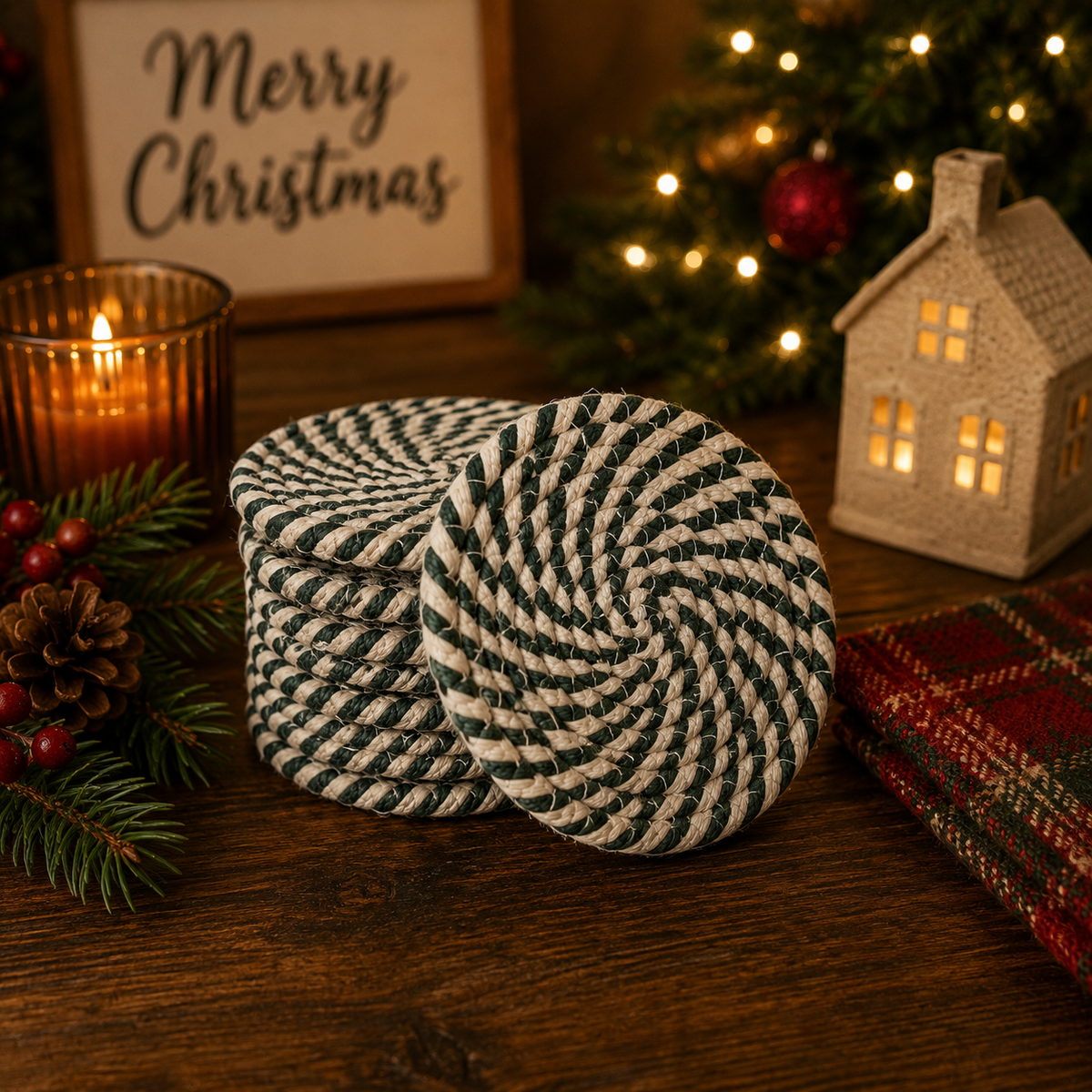 Braided candy cane coaster set of 4, green-and-cream striped rounds