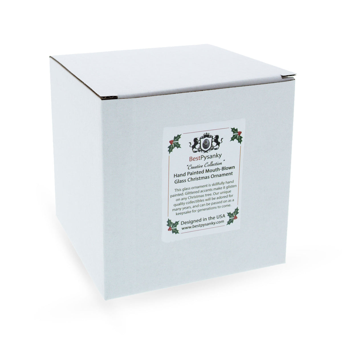 White gift box with Christmas ornament label and brand graphic