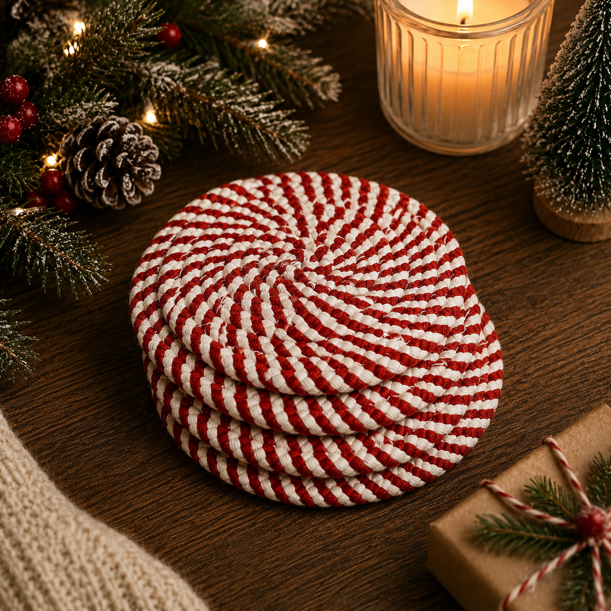 Braided candy cane coaster round, red-and-white striped with ribbon bow
