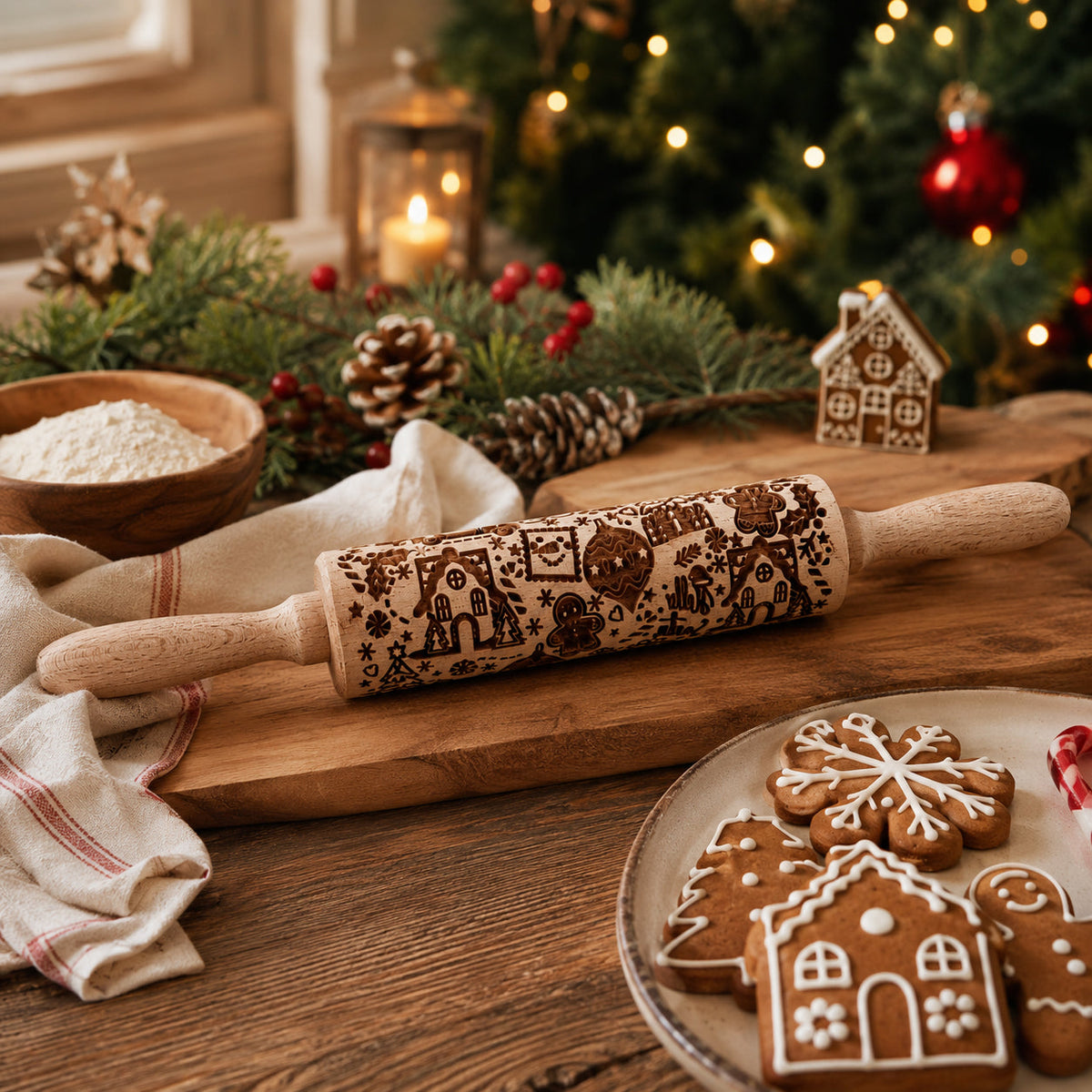 Single wooden Christmas rolling pin with patterned barrel resting on a wooden board