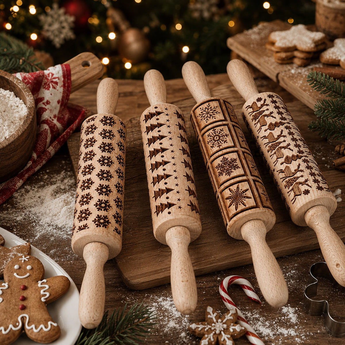 Wooden rolling pin set with brown holiday motifs and metal cookie cutters on snow