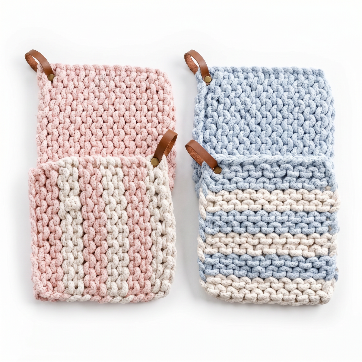 Chunky knit cotton pot holders, pink and light blue with cream stripe pattern