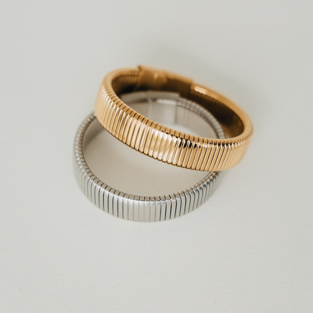 Chunky ribbed bangles, gold and silver stacked bracelet pair