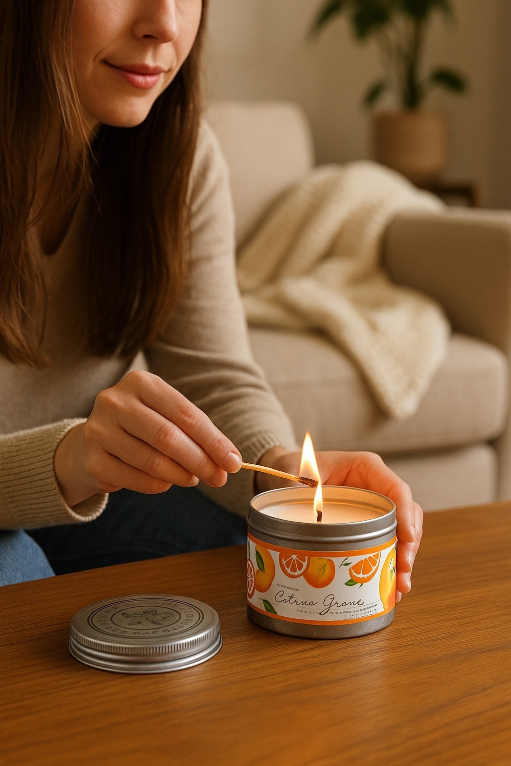 Lit citrus soy candle in round metal tin on table; lid set beside it