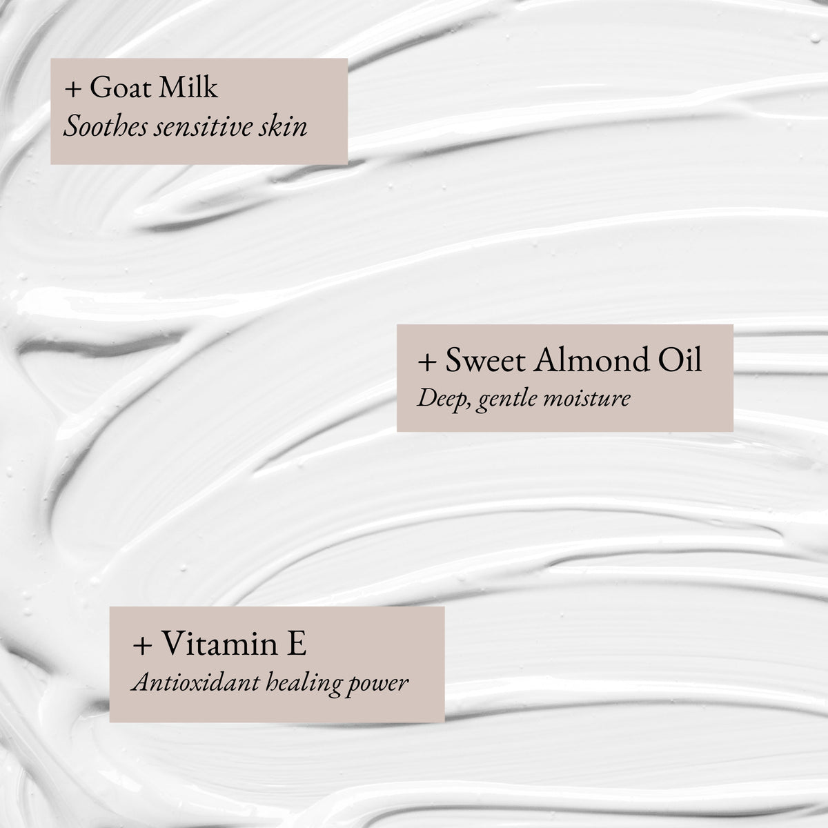 Goat milk hand & body lotion swirl texture with ingredient highlights