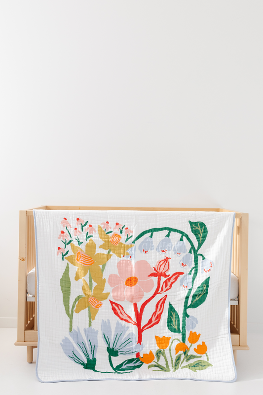 Cotton quilt with colorful botanical birds and flowers, white ground, stitched border
