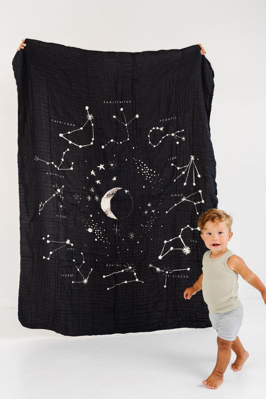 Black astrology throw blanket with white zodiac constellation star map design