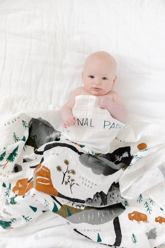 Baby swaddle blanket, white with black, green and brown national parks map print