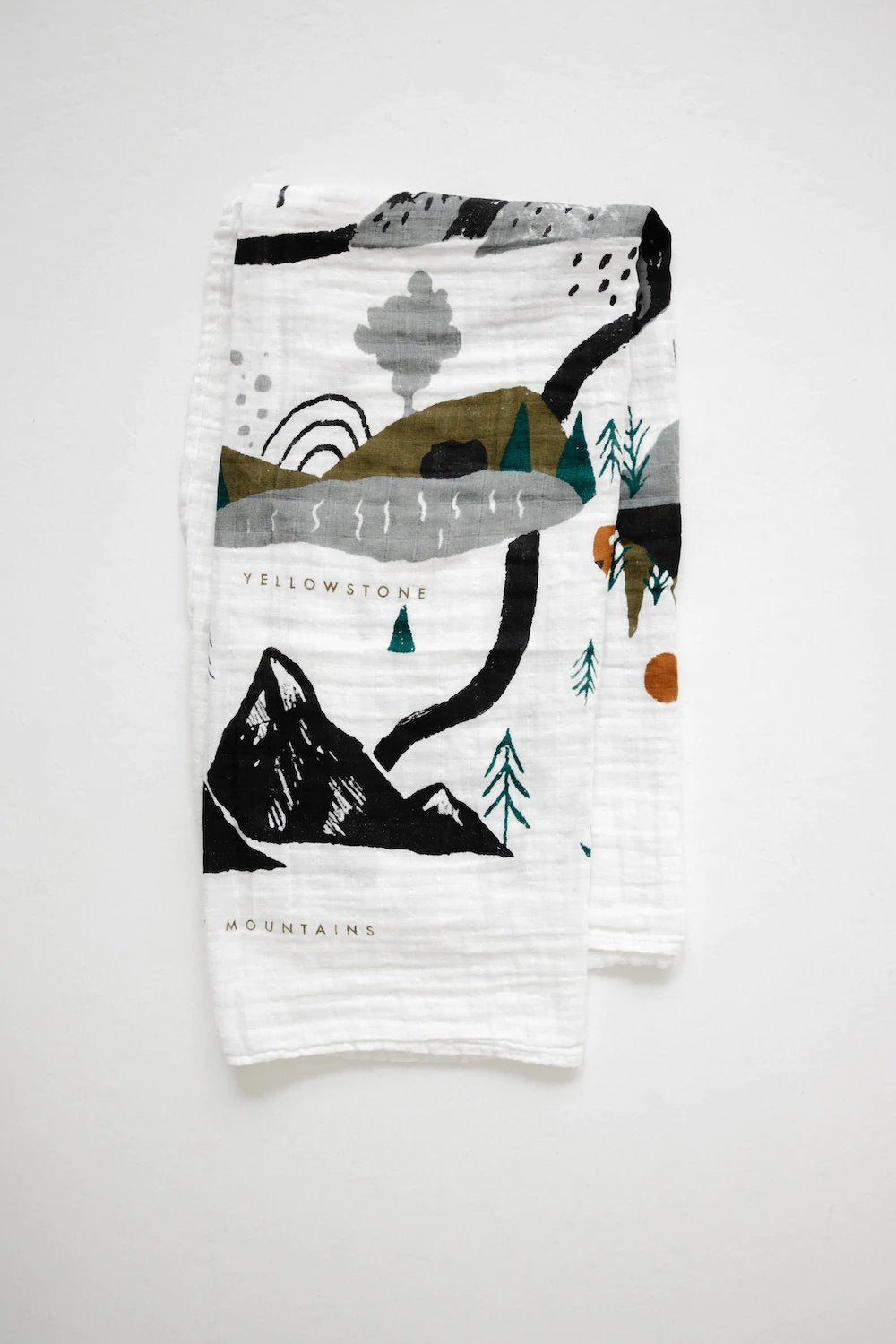 Baby swaddle blanket, white with black mountains and looping trail map print