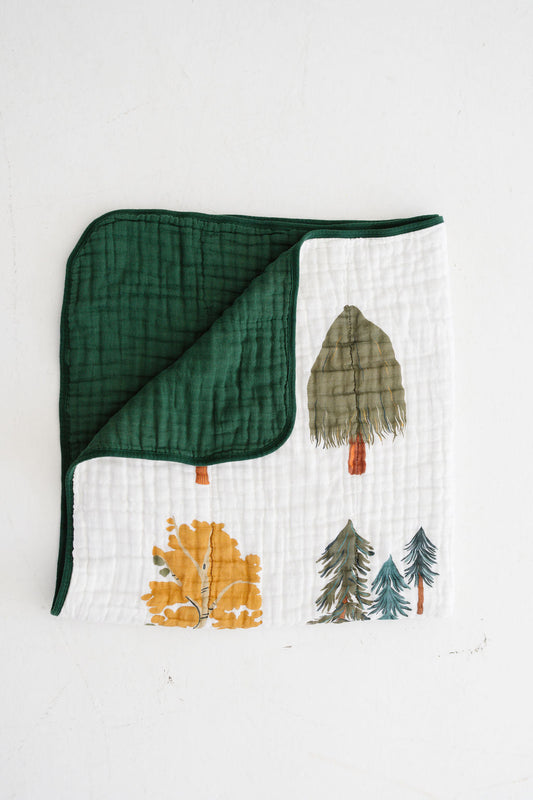Forest trees quilt folded, green border and tree prints on white