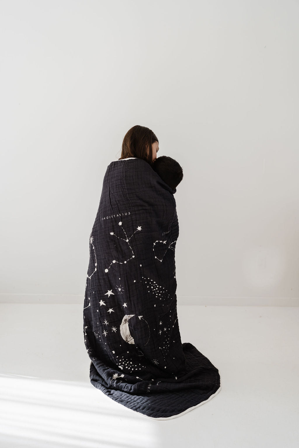 Black astrology throw blanket back view with crescent moon and zodiac constellation stars