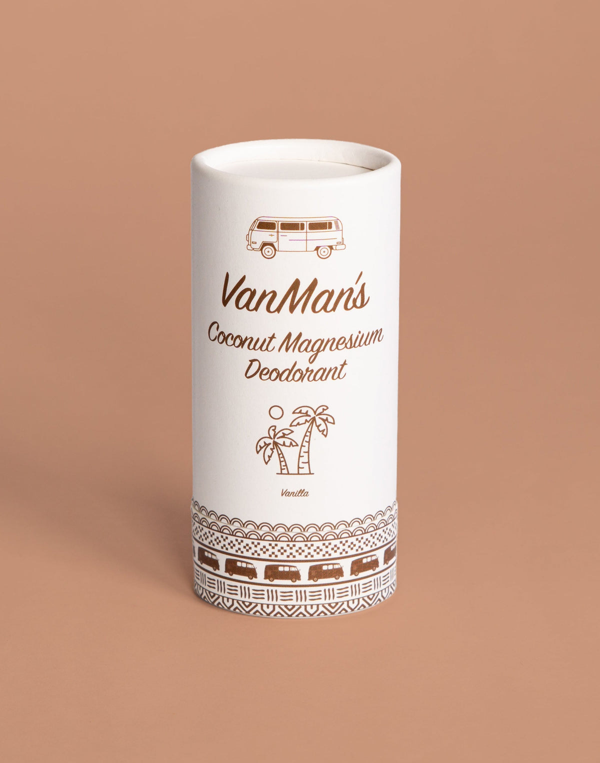 VanMan's vanilla magnesium deodorant stick in white container with decorative bus and island icons.