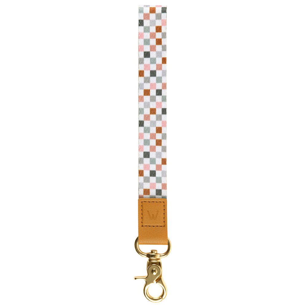 Check-pattern wrist lanyard with tan leather strap and gold clasp hook
