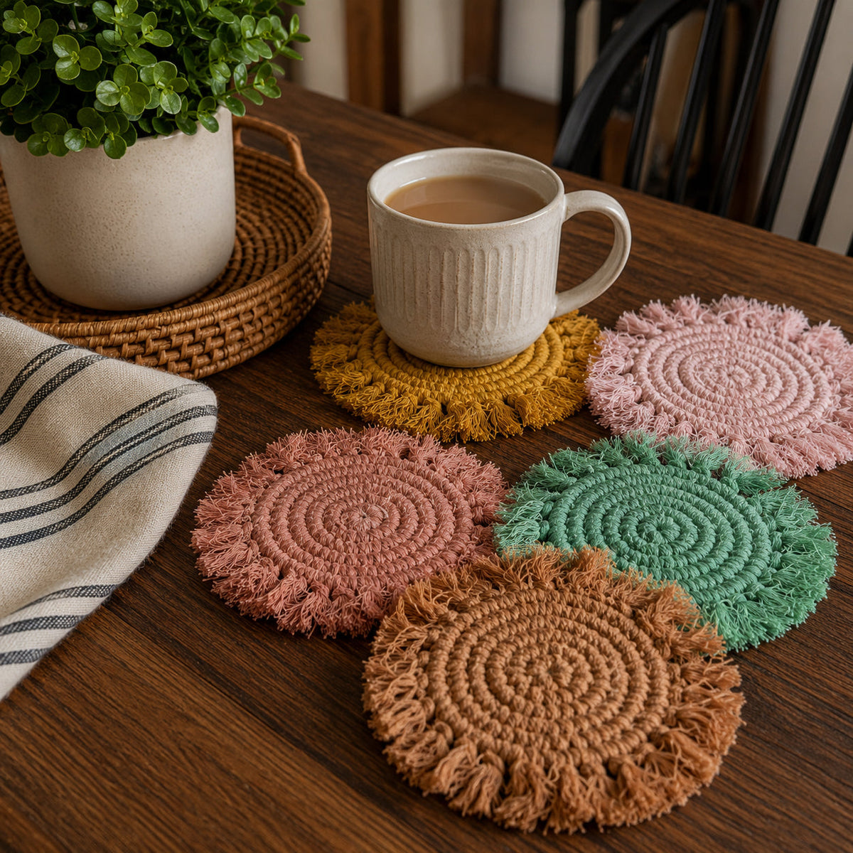 Mixed braided rope tassel coasters on tabletop with a white mug, round woven fringe edges