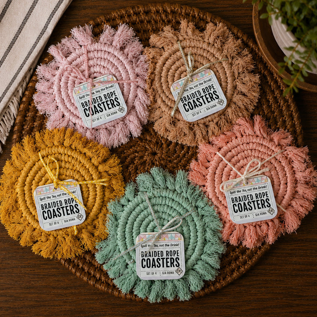 Braided rope tassel coasters set with pink, brown, mustard, green, and coral rounds