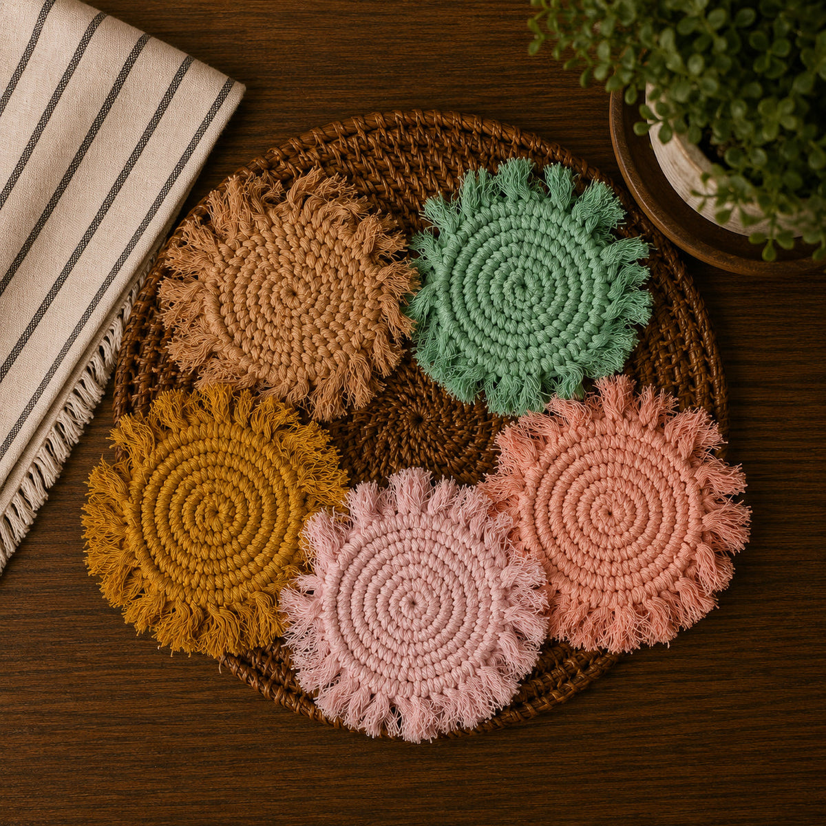 Mixed-color braided rope round coasters with spiral pattern and fringed edges