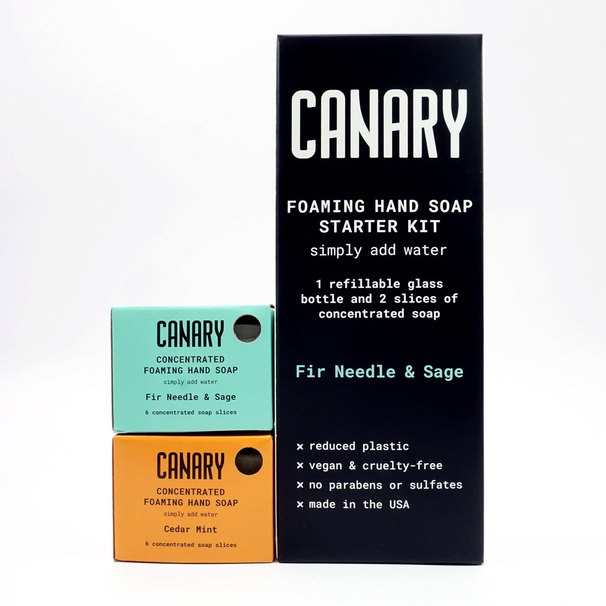 CANARY foaming soap starter kit beside mint and cedar mint concentrated soap refills