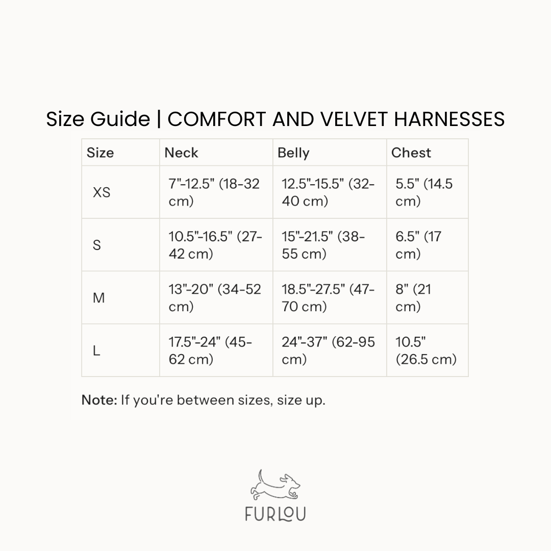 Size chart for comfort and velvet harnesses: neck, belly, and chest measurements