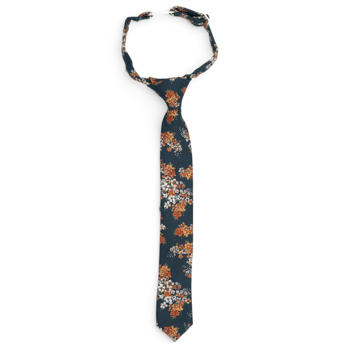 Boys navy necktie with orange and white floral pattern