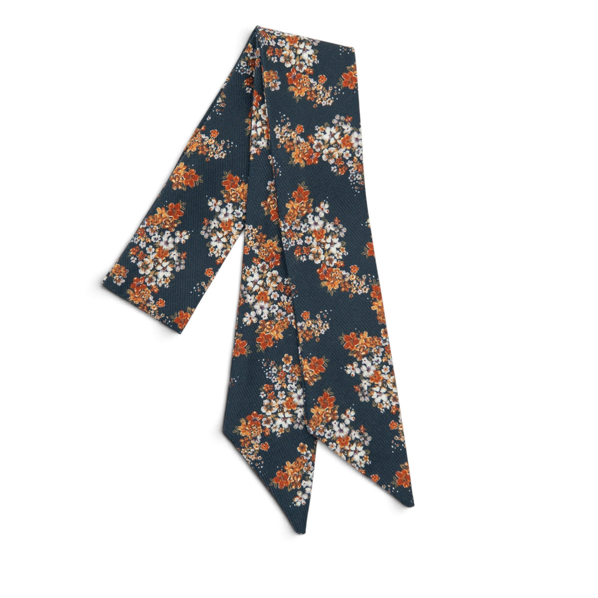Floral hair sash with dark blue base, orange and white blossoms, angled ends