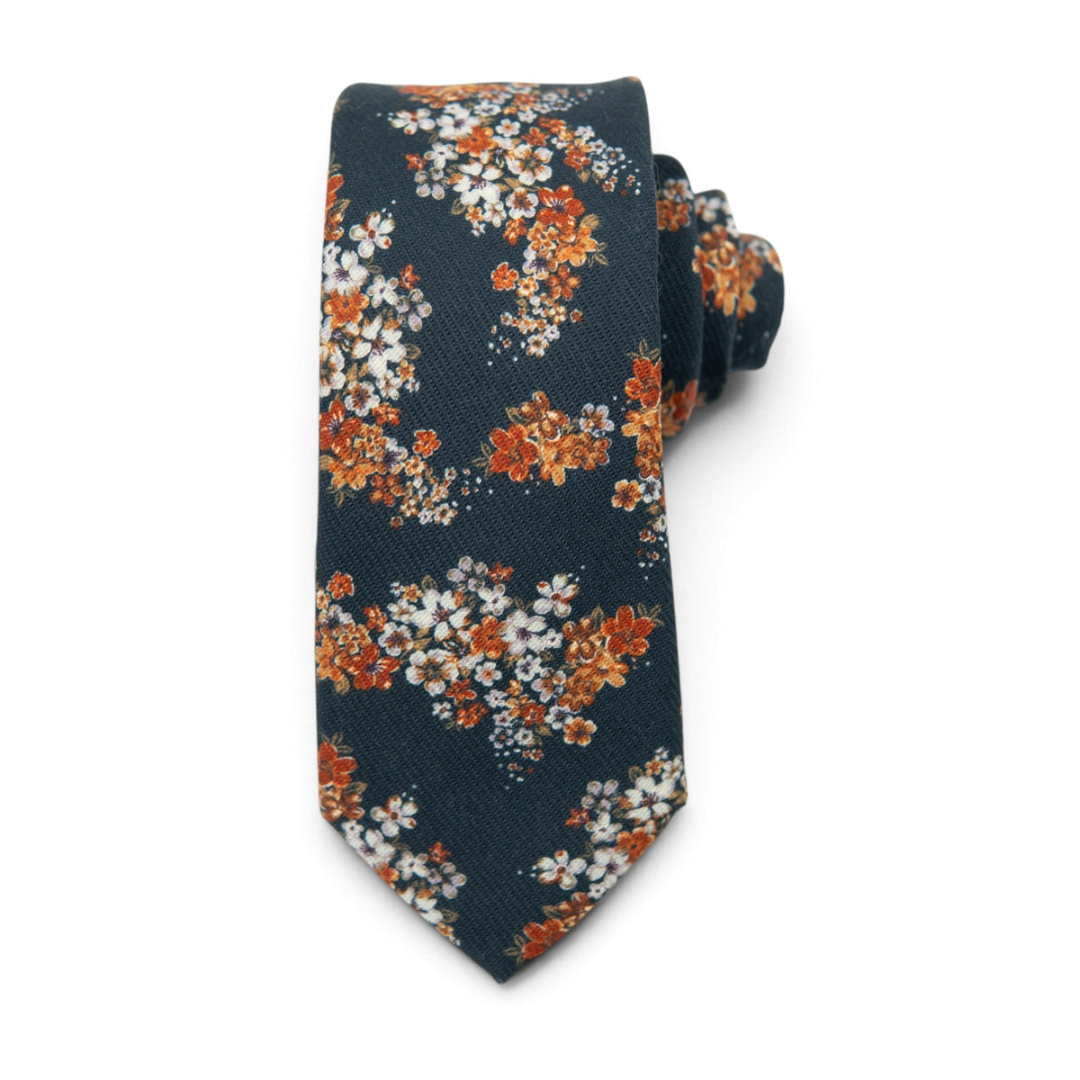 Men's navy floral necktie with orange and white flower pattern
