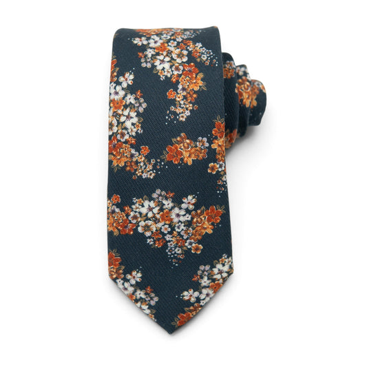 Men's navy floral necktie with orange and white flower pattern