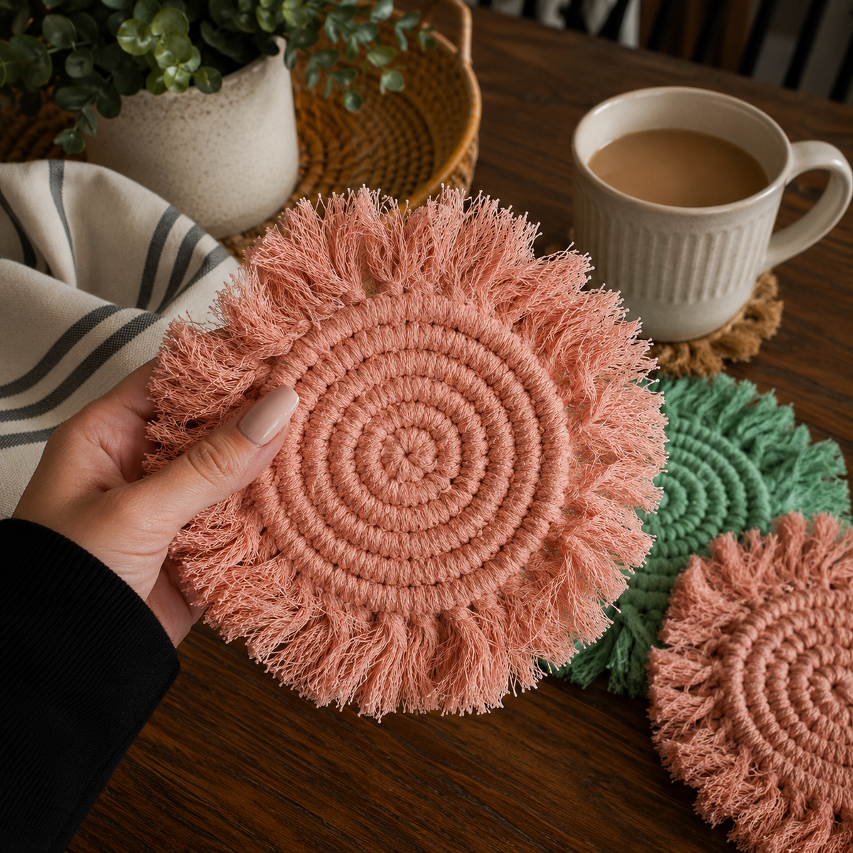 Coral braided rope round coaster with spiral center and fringed tassel border