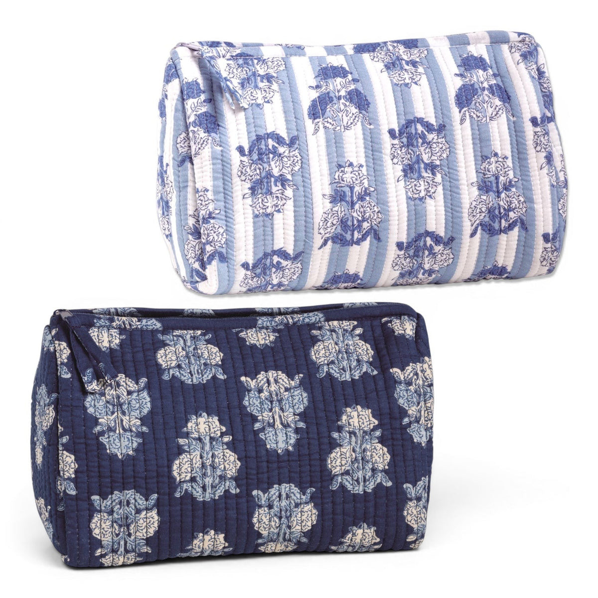 Quilted cosmetic zip pouch, light blue striped fabric with navy floral block print