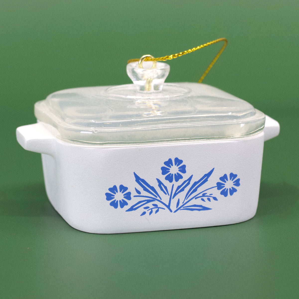Mini casserole ornament with clear domed lid and blue cornflower print, gold hanging loop