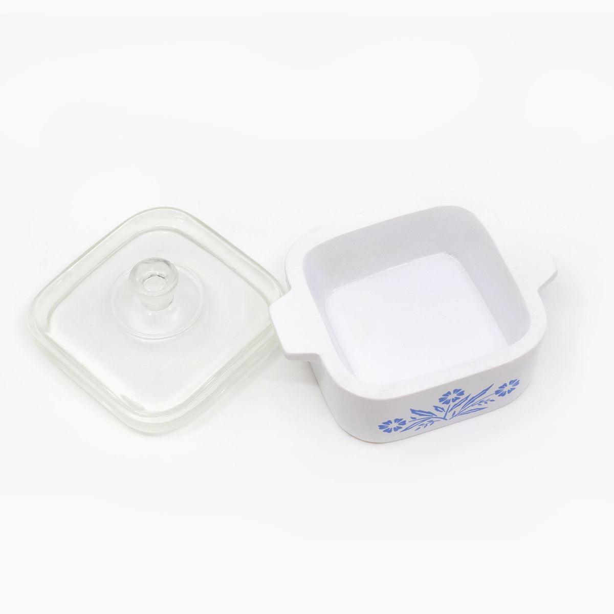 Mini trinket box with clear lid and white base, blue cornflower motif