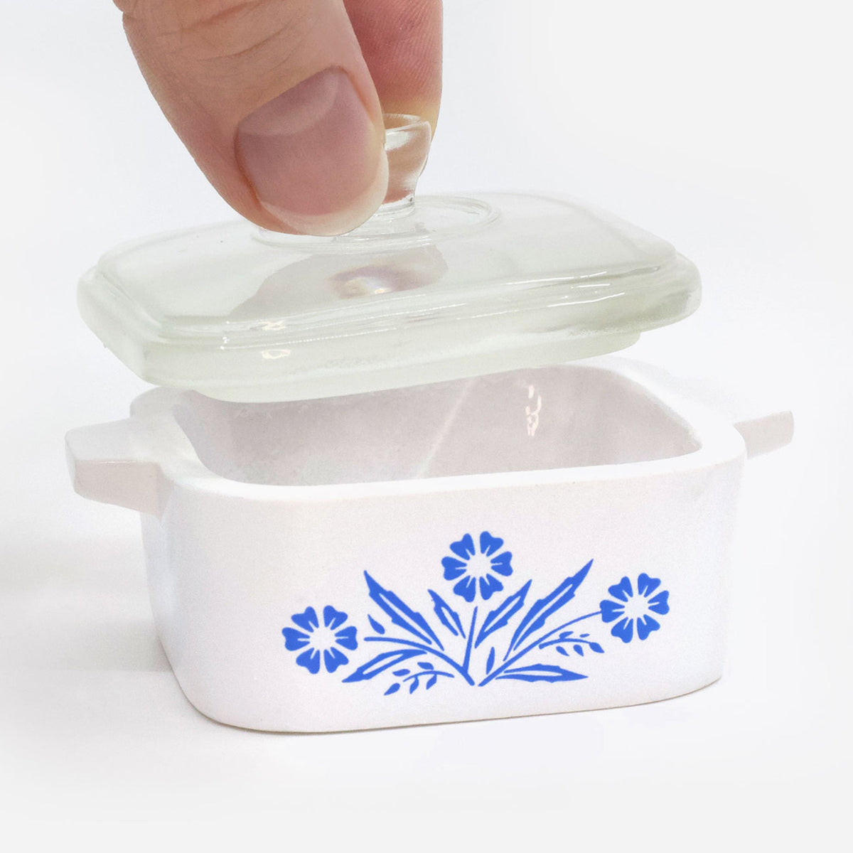 Mini trinket box with blue cornflower floral print and clear glass lid