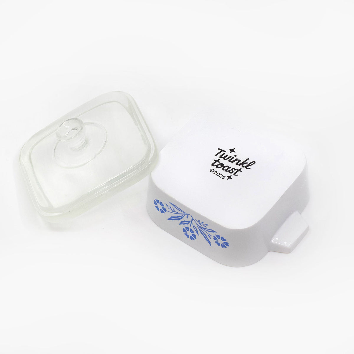 Mini trinket box with clear lid and white base, blue cornflower print