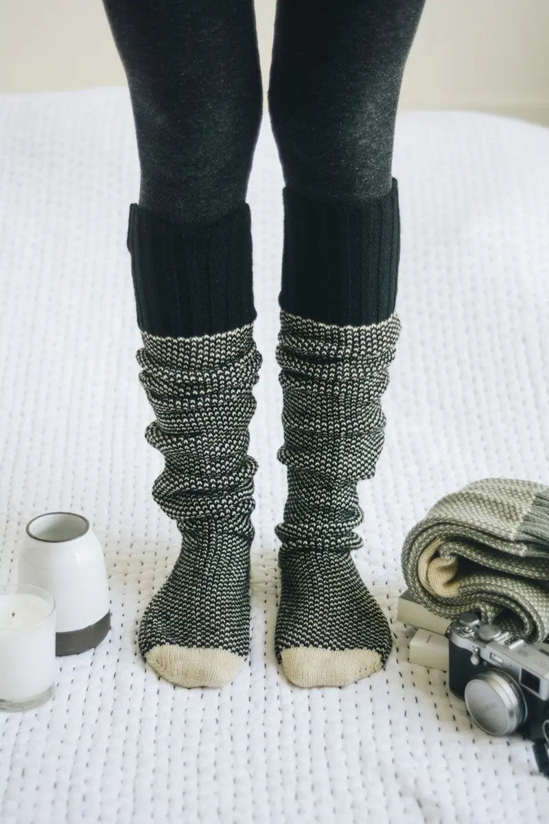 Ribbed knit lounge socks in dark charcoal with speckled gray cuffs and cream toes