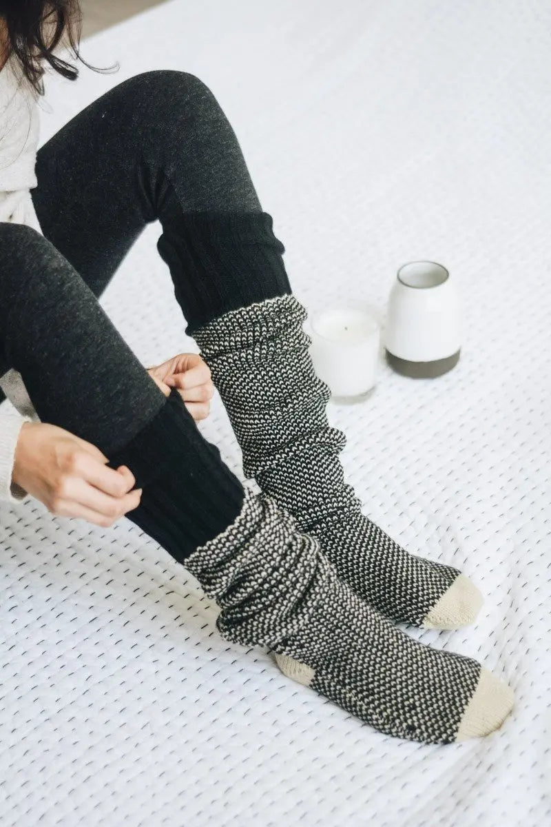 Ribbed knit lounge socks in dark charcoal with speckled gray leg sections