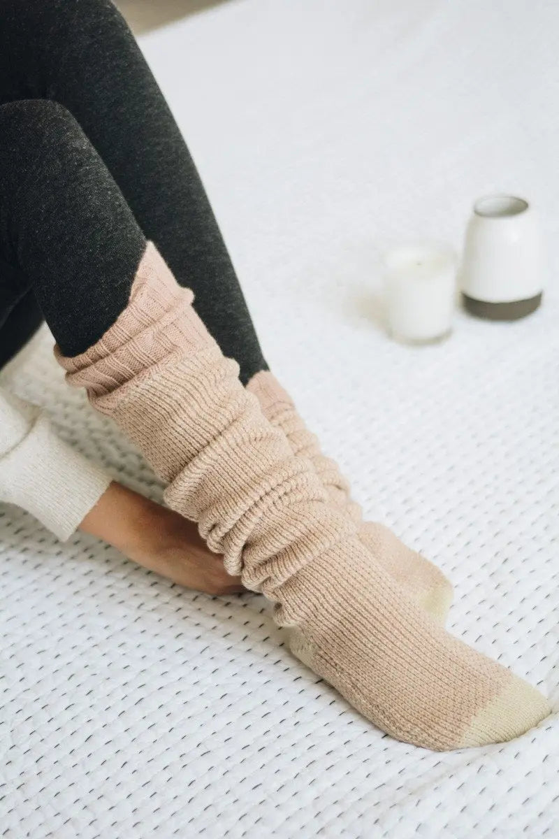 Ribbed knit lounge socks in light blush pink with cream toe and ribbed leg section