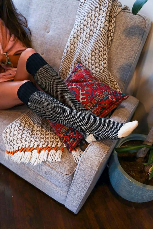 Cozy ribbed knit lounge socks, dark charcoal with cream toe and cuff detail