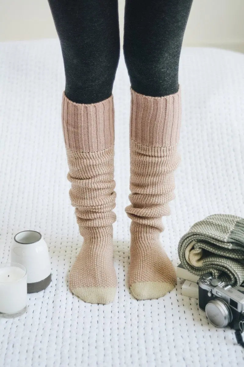 Ribbed knit lounge socks in pale oatmeal with cream toes and thick ribbed knit