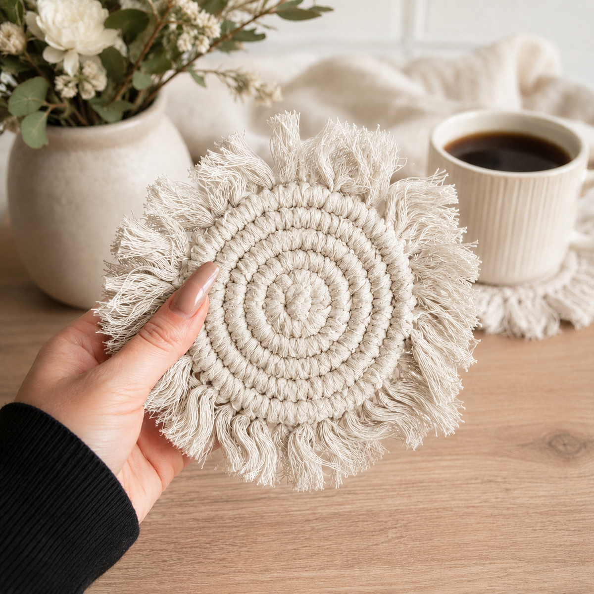 Cream braided rope tassel coaster held in hand with circular braid pattern and fringe
