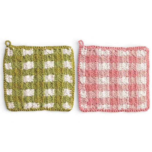 Crochet check pot holders set: green and pink square with raised textured stitches.