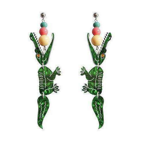 Laliblue crocodile drop earrings in green with red and yellow bead accents.