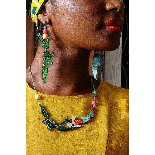 Laliblue crocodile earrings with long green enamel bodies and multicolor bead dangles.