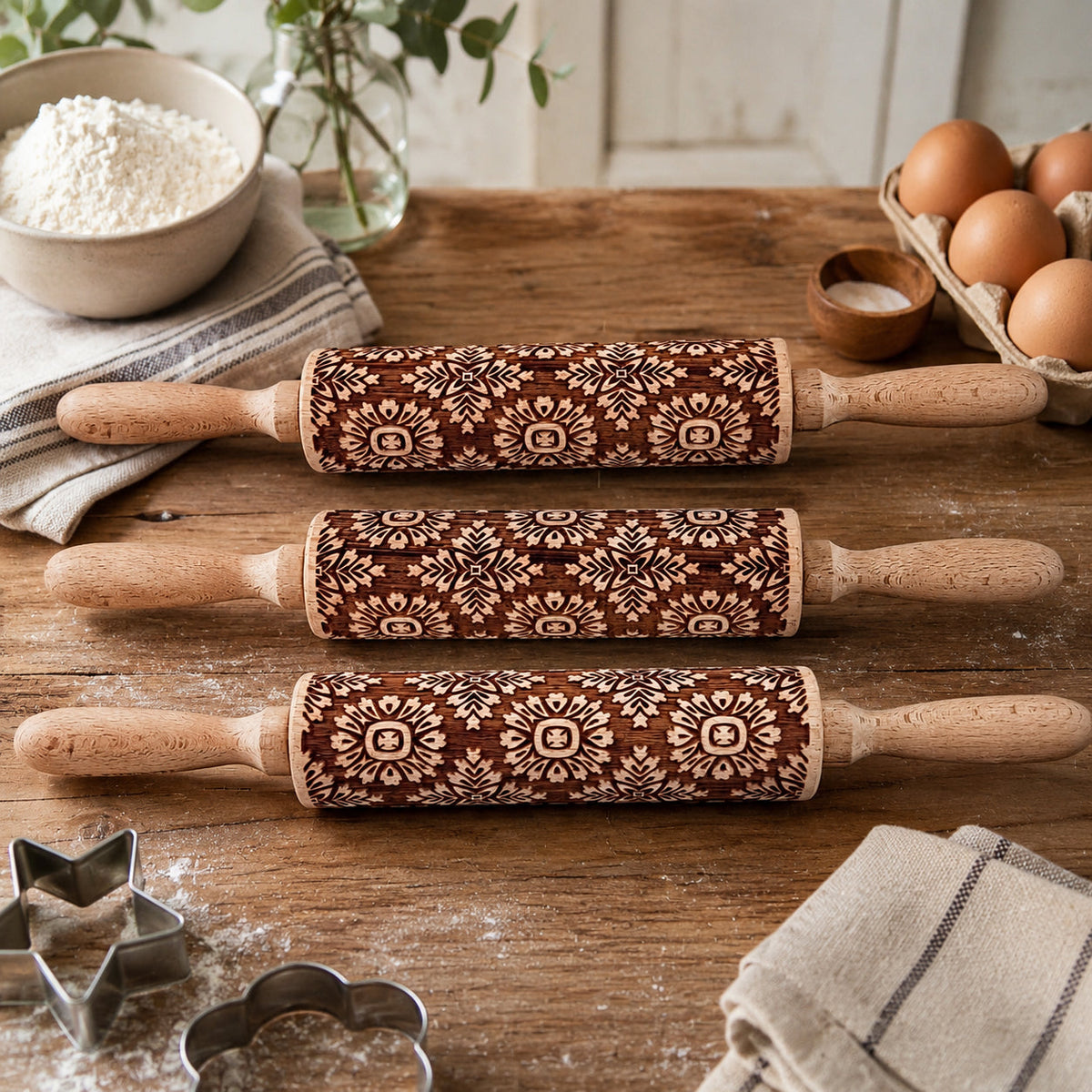 Decorative rolling pin set with wood handles and brown geometric-pattern sleeves