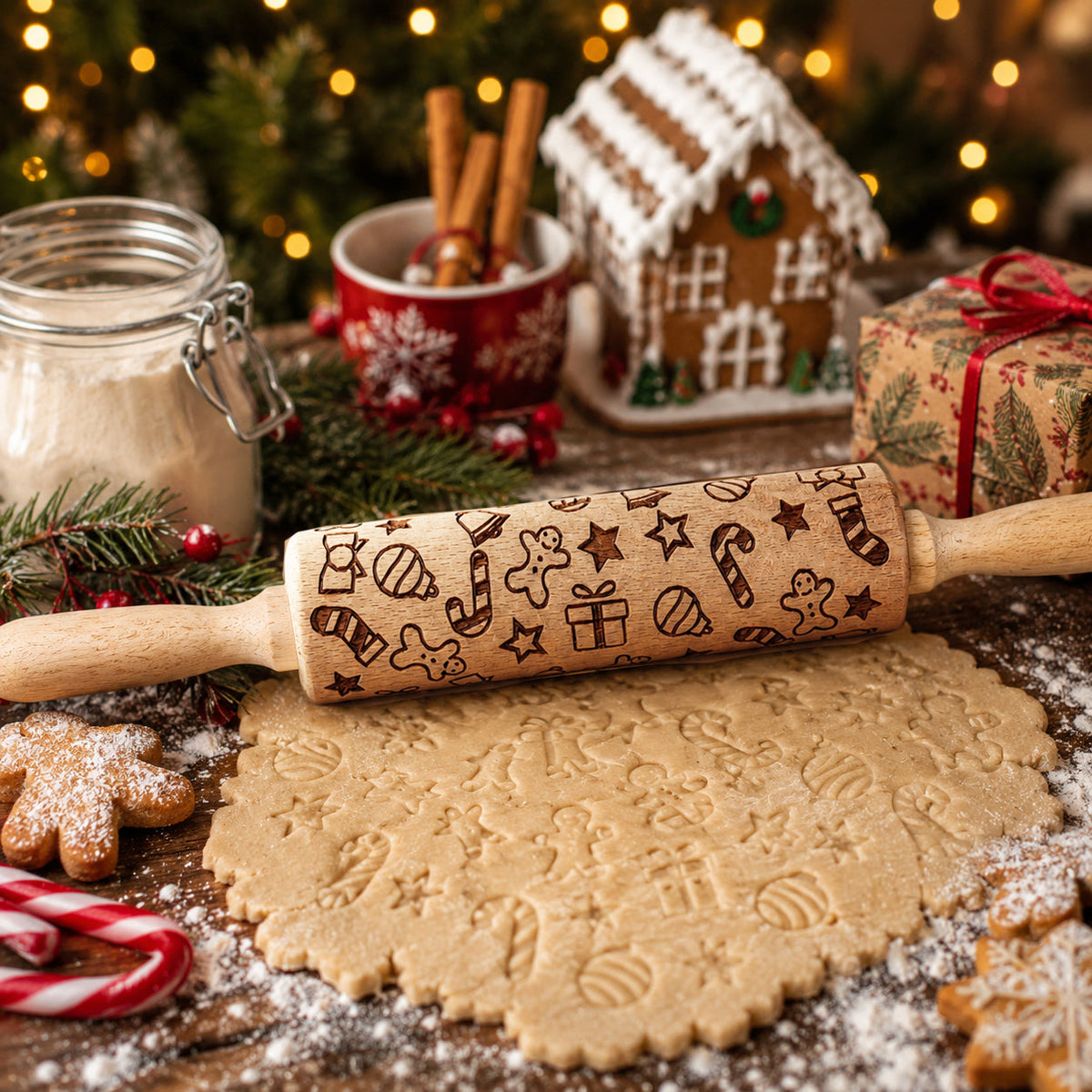 Christmas rolling pin imprinting cookie dough with embossed gingerbread and star patterns