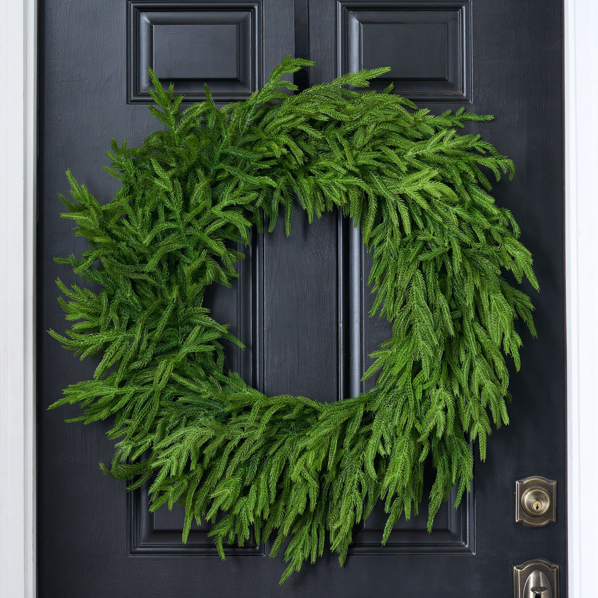 Green faux pine Christmas wreath mounted on a dark door.