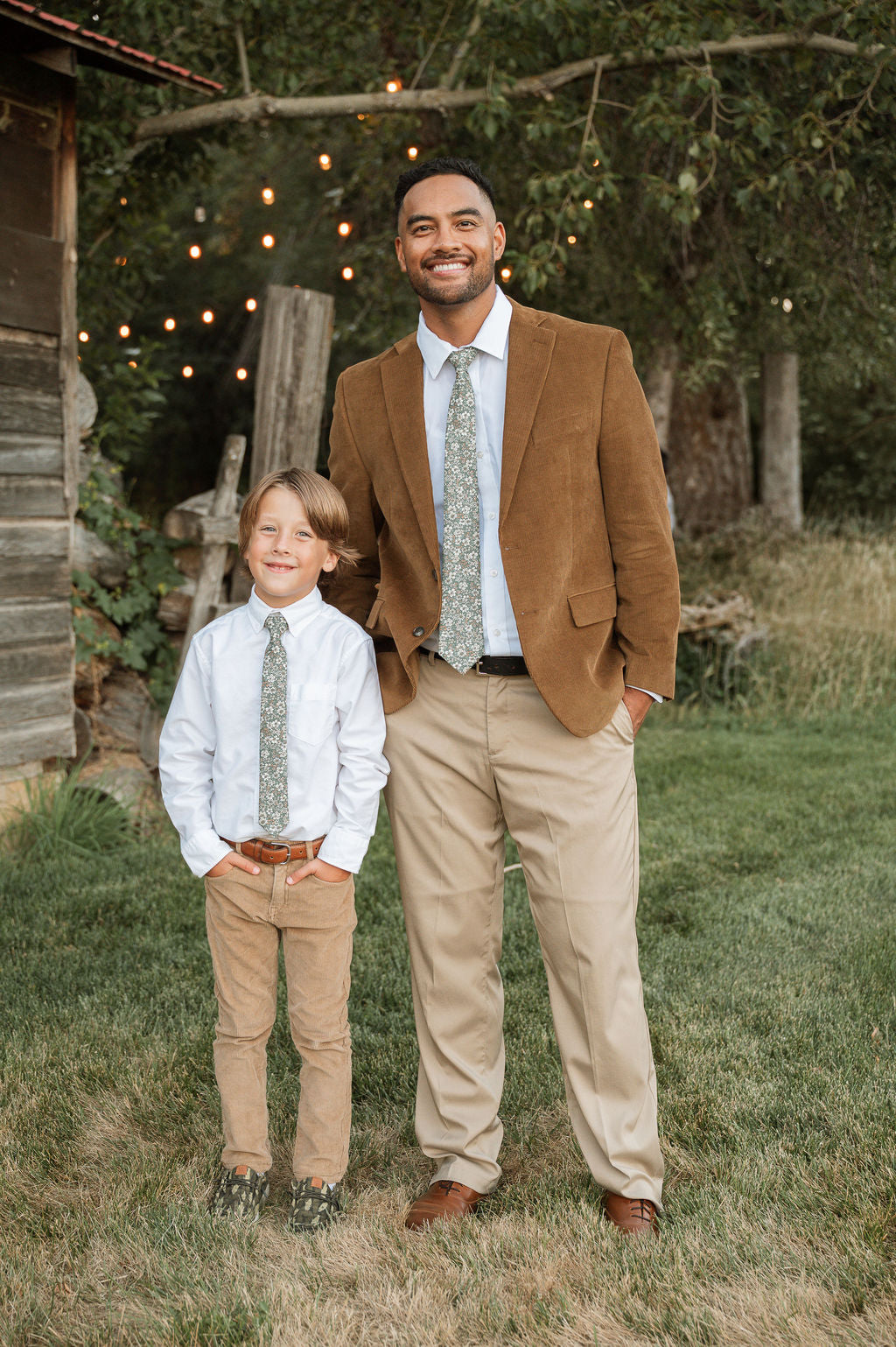 Boys light shirt with green floral necktie