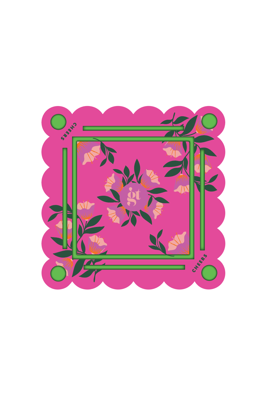 Neon floral pink mahjong tile mat design with floral frame and central tile tray