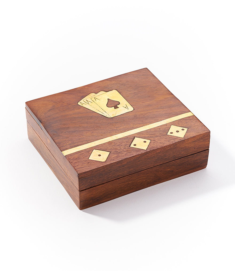 Handcrafted wood dice & card set box, angled top view with card and die-face icons
