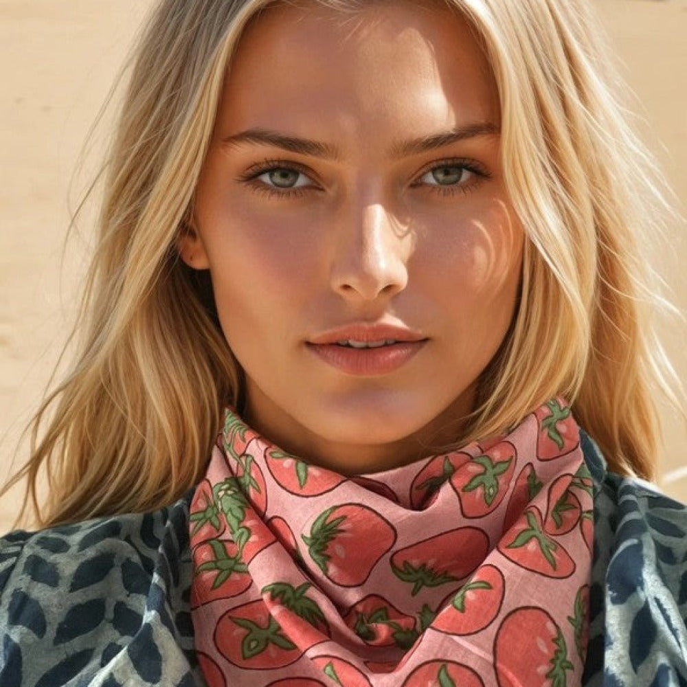 Tomato pink bandana scarf with strawberry print, close-up at the neckline