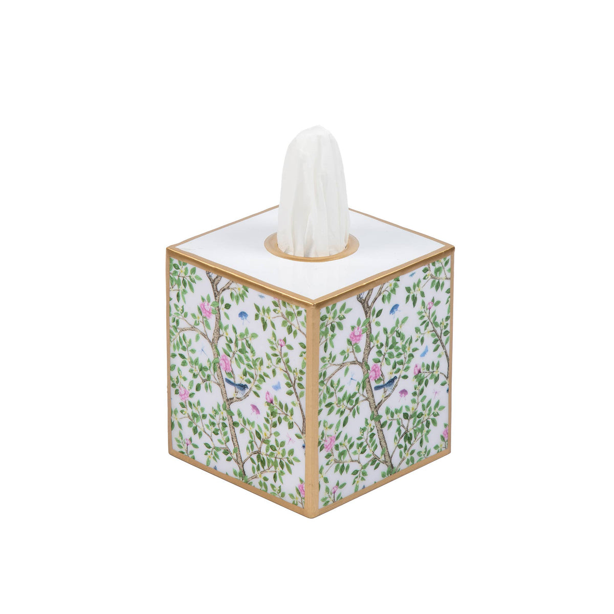 Garden-themed tissue box cover with floral branches design and white tissue topper