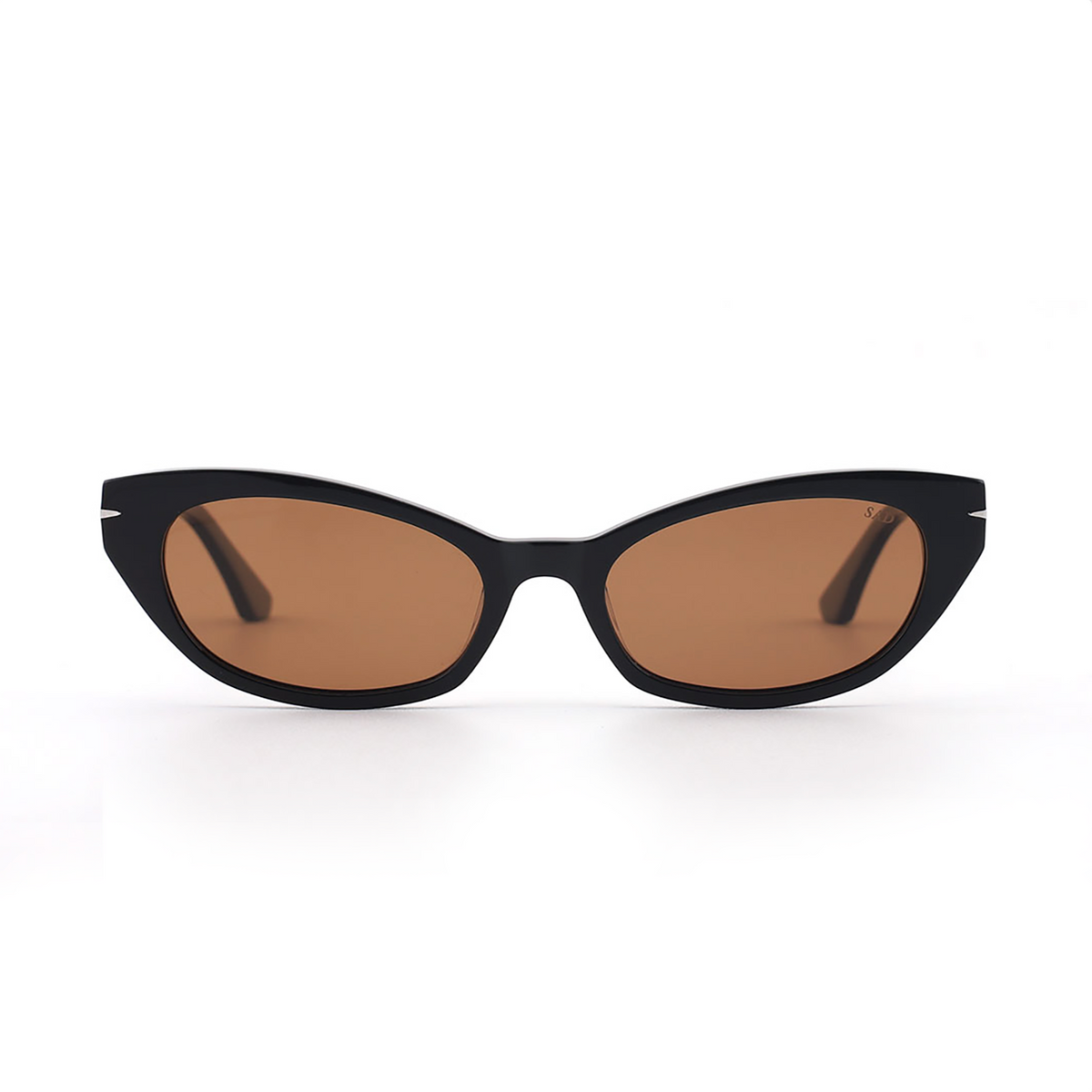 Black polarized sunglasses with bronze lenses, glossy frame, cat-eye style.